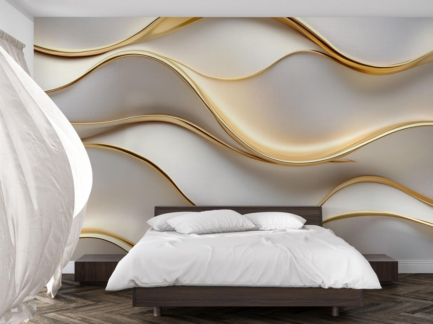 Luxury Gold Wave Wall Mural – Modern 3D Elegant Accent Wallpaper Vn773