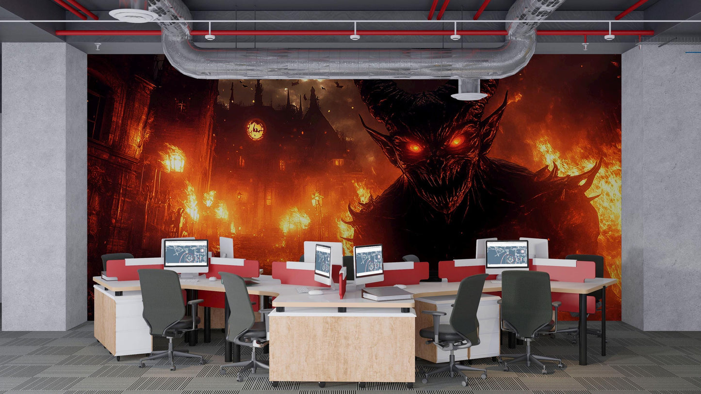 Demonic Wall Mural – Fiery Hell Scene with Red-Eyed Monster Vn808
