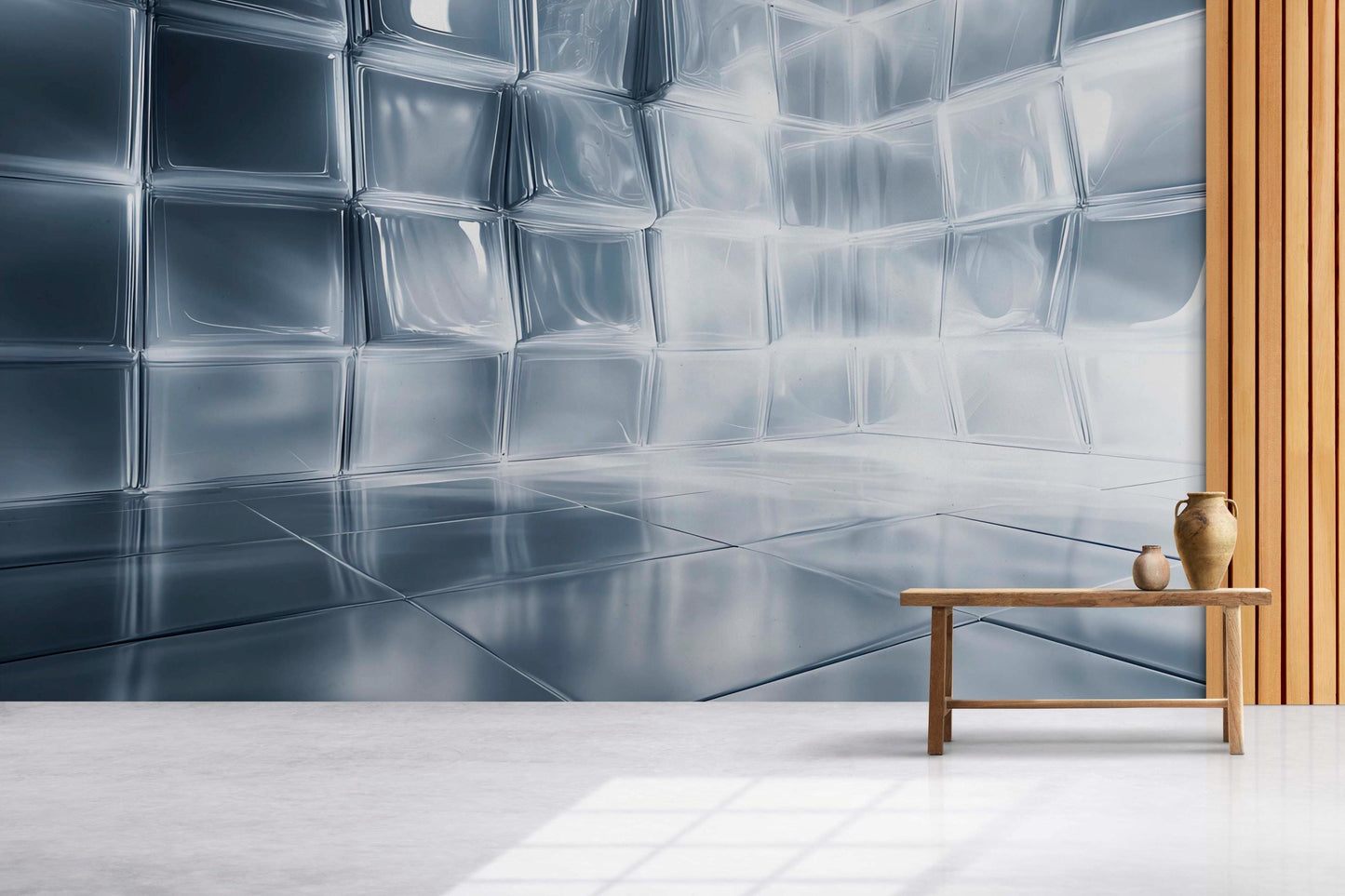 Modern 3D Silver Cube Wall Mural – Abstract Metallic Geometric Wallpaper for Living Room, Office, or Studio Decor  Vn749