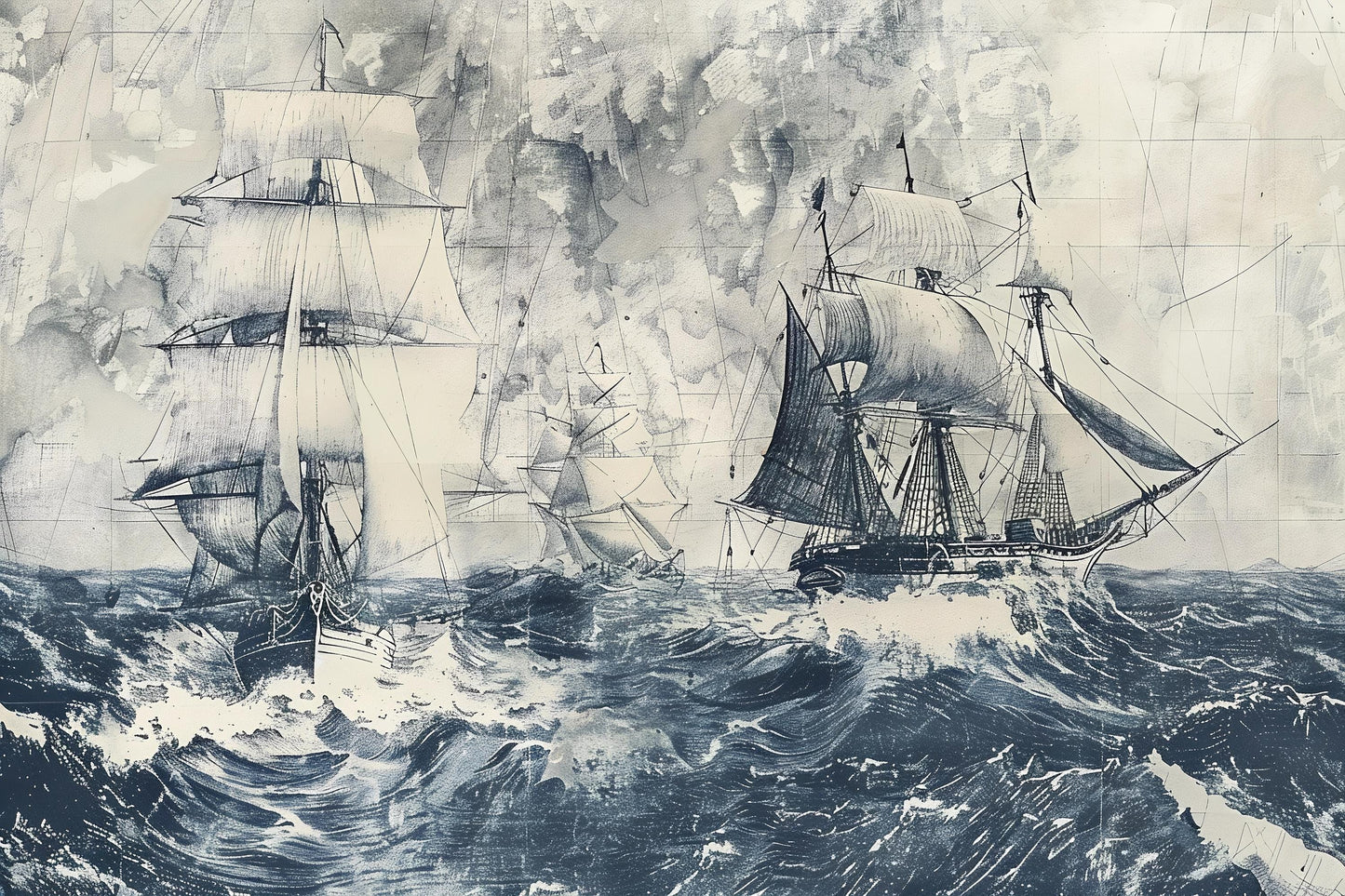 Vintage Ship Wall Mural | Nautical Ocean Waves Wallpaper Vn1044