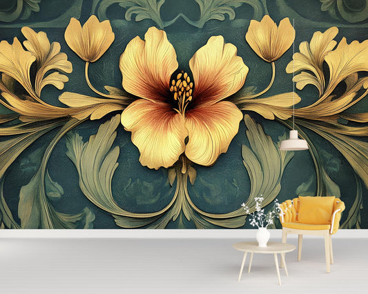 Bold Yellow Floral Wall Mural | Large Botanical Art Nouveau Wall Decor | Vintage Style Flower Wallpaper | Peel & Stick or Paste Vn193