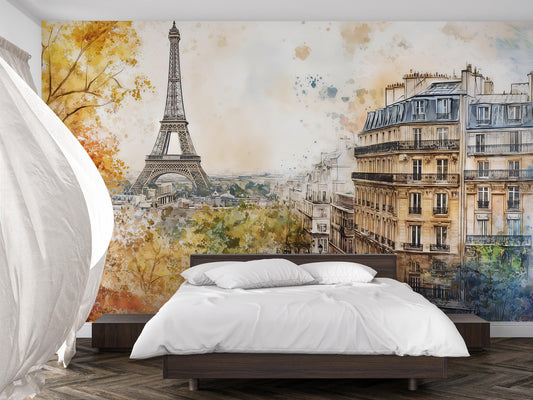 Eiffel Tower Wall Mural – Paris Street Watercolor Wallpaper Vn930