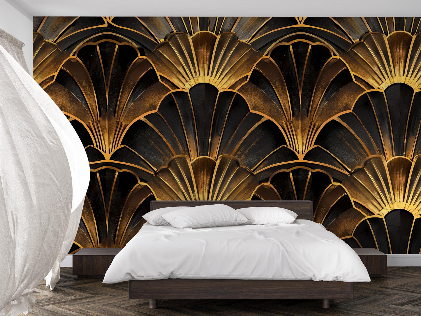 Art Deco Gold Wall Mural – Luxury Scallop Fan Pattern Wallpaper for Bedroom, Living Room & Office Decor Vn1087