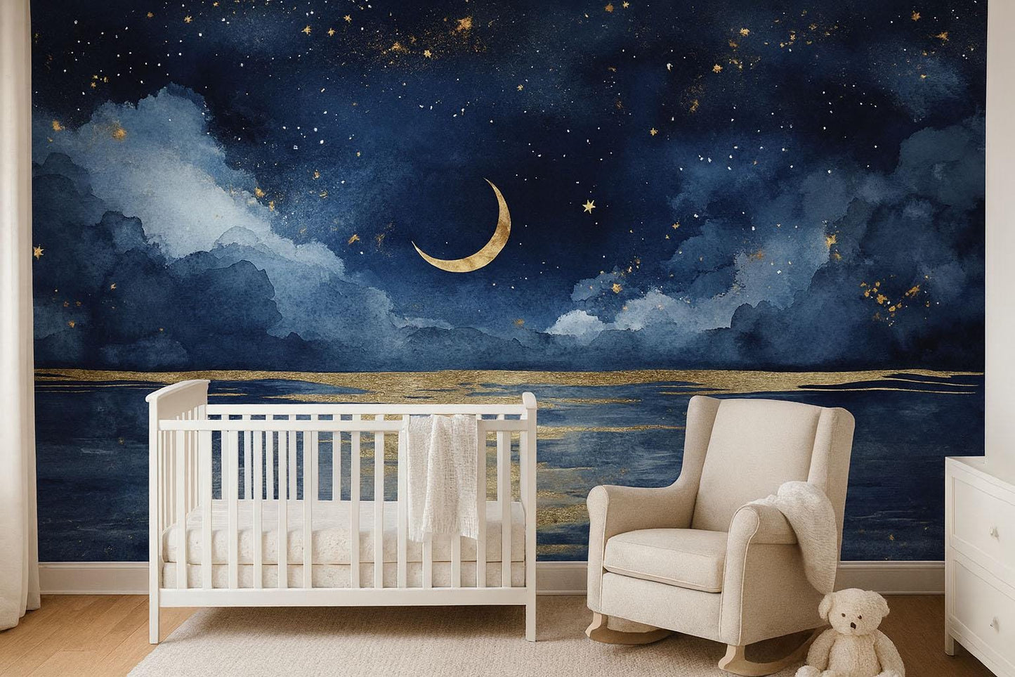 Moonlit Sea Wall Mural – Night Sky Nursery Wallpaper, Dreamy Crescent Moon Accent Wall for Kids Room or Bedroom Vn857