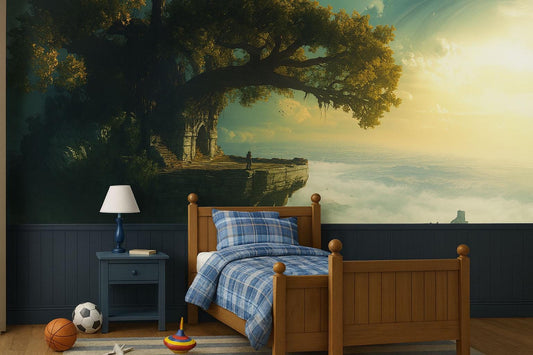 Fantasy Cliff Ruins Wall Mural – Enchanted Tree Landscape Wallpaper, Adventure Kids Room Decor Vn868