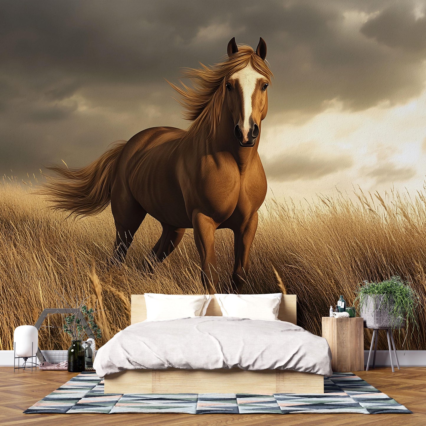 Wild Horse Wall Mural – Realistic Running Horse in Golden Field Wallpaper for Nursery or Bedroom Vn777