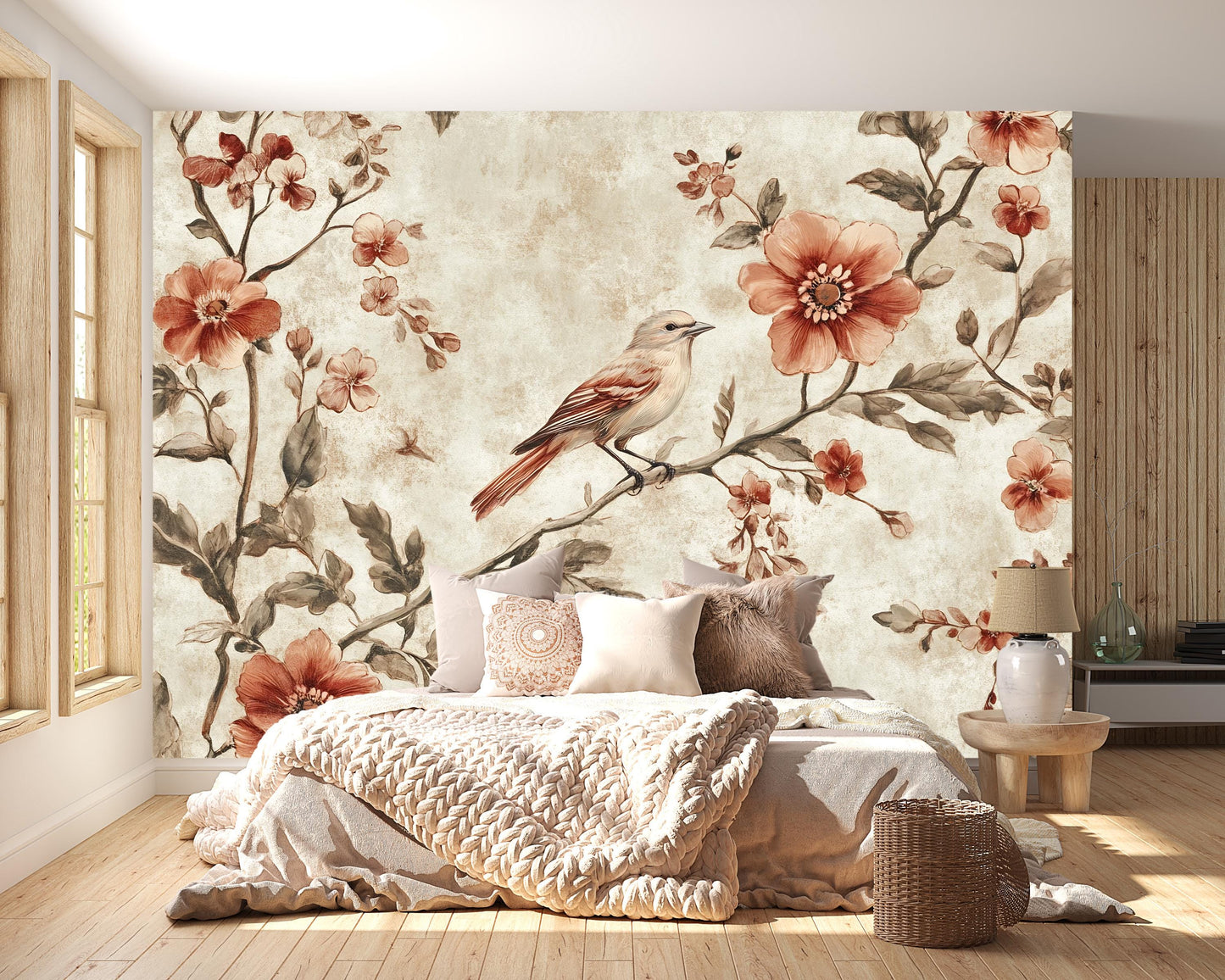 Vintage Bird Mural – Rustic Floral Botanical Wallpaper Wall Art Vn1000