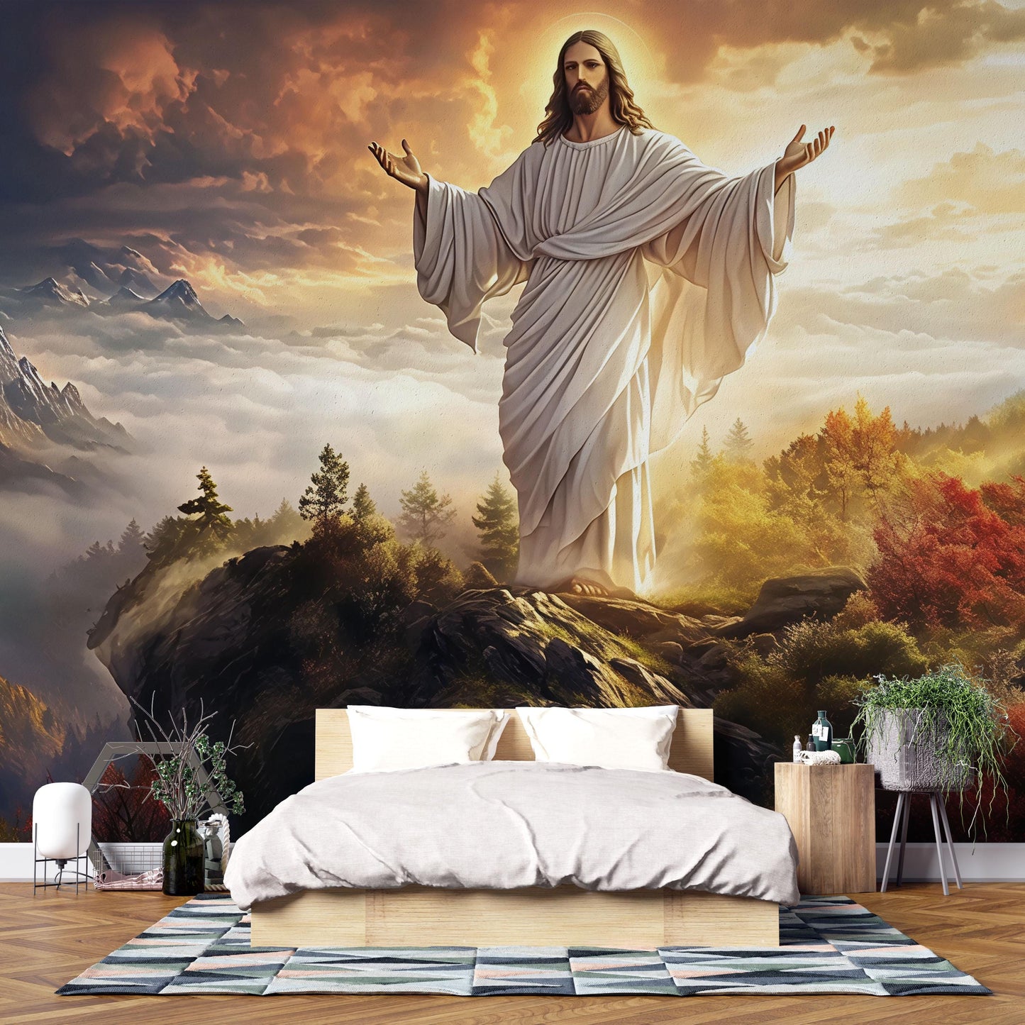 Jesus Wall Mural - Christian Bedroom Decor - Religious Jesus Christ Wallpaper - Inspirational Faith Mural Art - Jesus and Nature Vn609