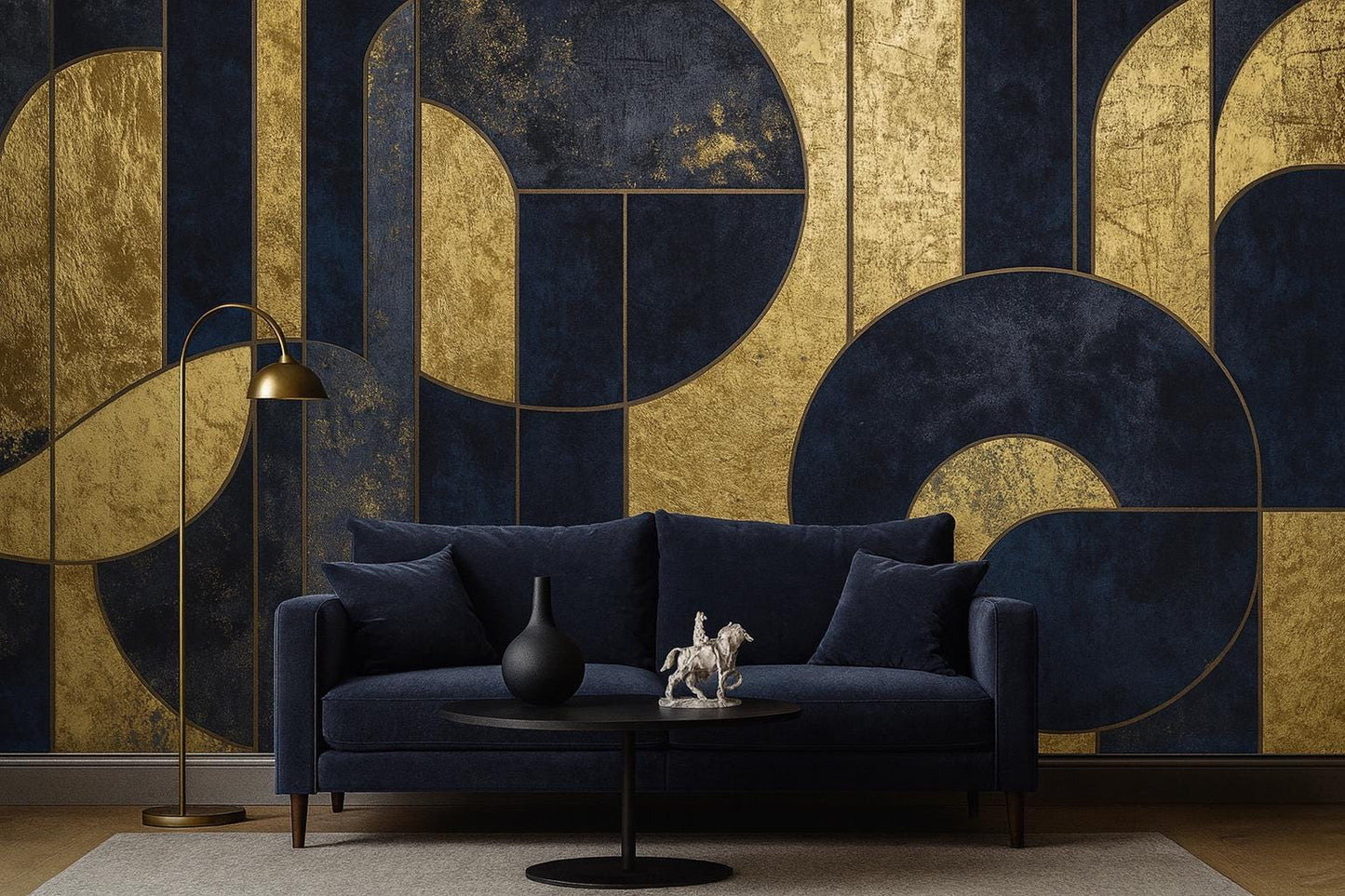 Navy Gold Geometric Wall Mural – Luxury Art Deco Wallpaper Vn961