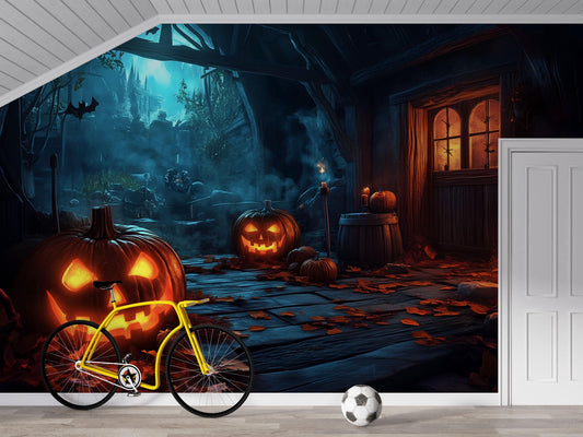 Haunted Pumpkin Path Wall Mural – Spooky Halloween Wallpaper for Office or Home Decor Vn788