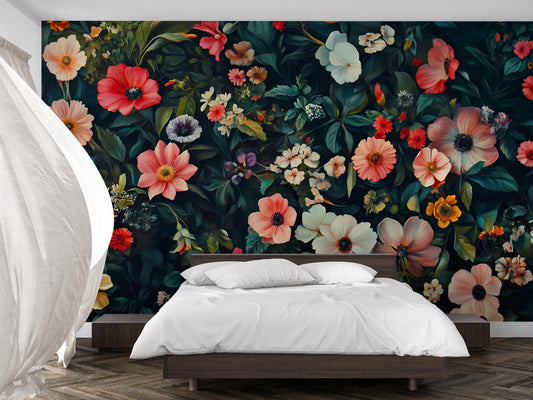 Large Floral Wall Mural for Bedroom – Dark Botanical Wallpaper – Vintage Flower Accent Wall – Peel and Stick or Traditional Vn205