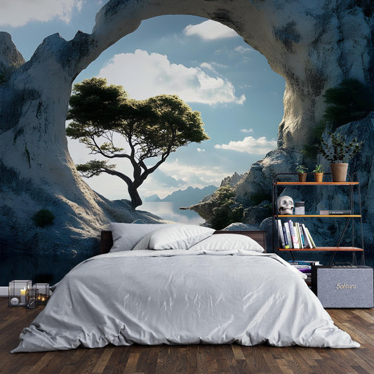 Nature Arch Wall Mural - Tree and Ocean Scenic Wallpaper - Removable Peel and Stick Landscape Wall Art - Bedroom or Living Room Decor Vn016