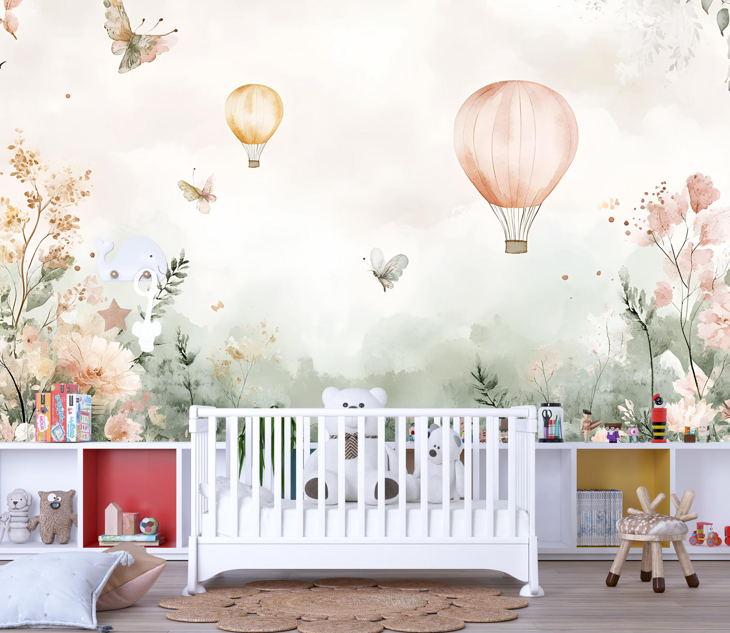 Hot Air Balloon Nursery Wall Mural – Boho Baby Room Wallpaper – Soft Pastel Floral and Butterfly Nature Theme Vn556
