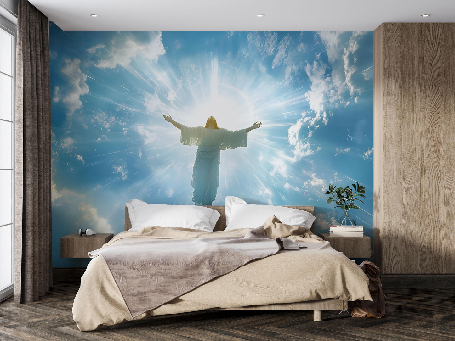 Heavenly Jesus Wall Mural | Christian Spiritual Bedroom Art | Religious Sky Clouds Wallpaper | Inspiring Faith Room Decor Vn613
