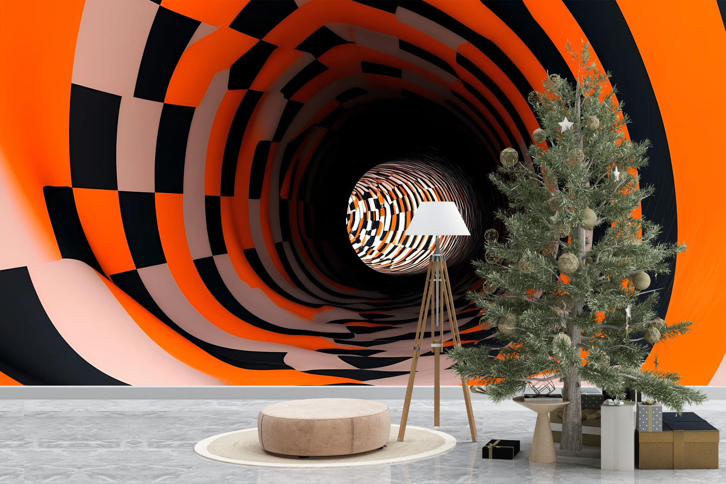 3D Tunnel Wall Mural – Optical Illusion Checkered Abstract Wallpaper Vn900