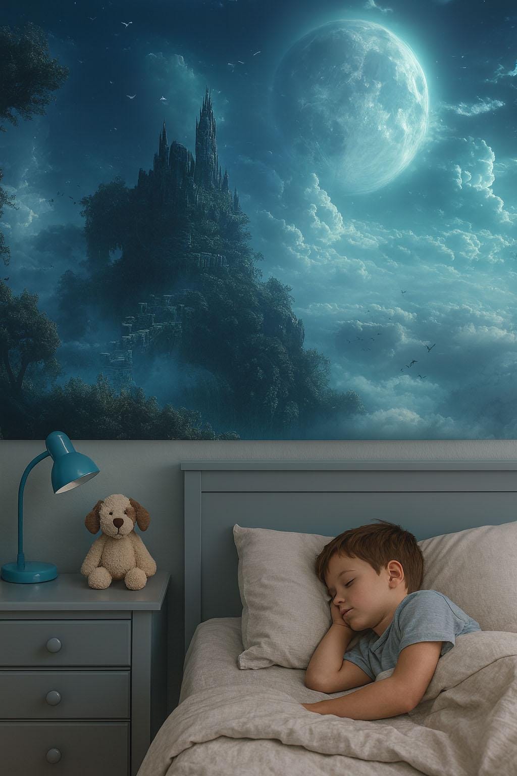 Moonlit Fantasy Castle Wall Mural – Enchanted Night Sky Wallpaper, Magical Accent Wall for Kids Bedroom Vn867