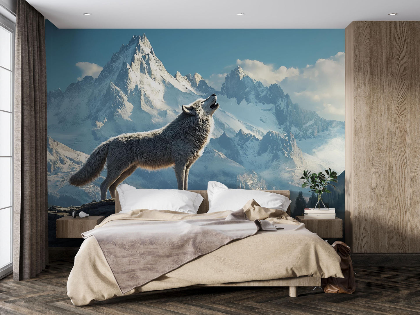 Wolf Mountain Mural Wall Art – Howling Wolf Wallpaper for Bedroom | Snowy Nature Scene | Rustic Cabin Decor | Forest Animal Backdrop Vn601
