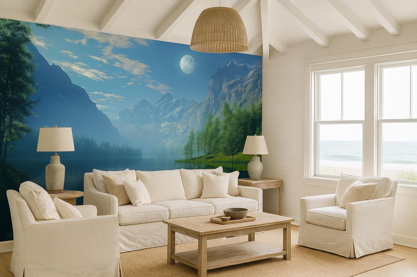 Moonlit Mountain Lake Wall Mural – Tranquil Night Sky & Alpine Landscape Wallpaper Vn831