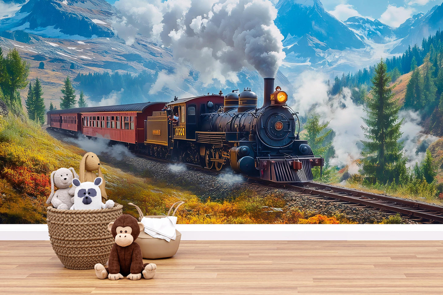 Vintage Steam Train Wall Mural for Kids Room | Mountain Landscape Train Wallpaper | Playroom Decor with Plush Toy & Furniture Vn227