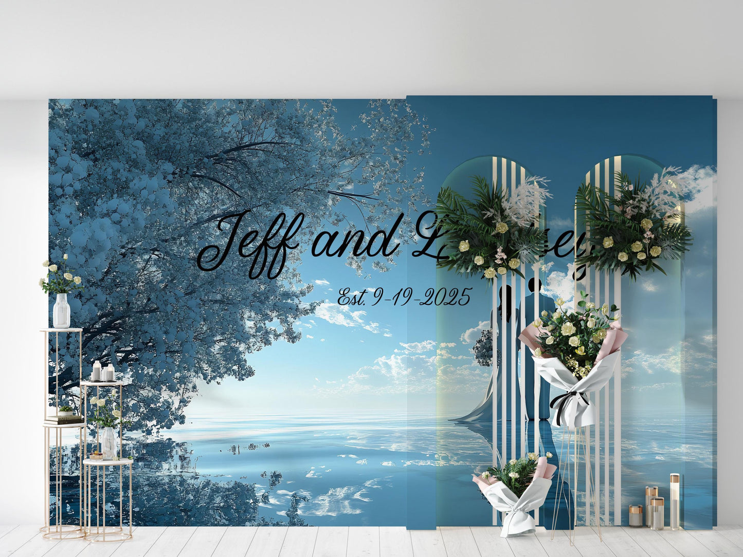 Custom Wedding Wall Art | Jeff and Lindsey Couple Name Sign | Romantic Beach Scene Mural | Established Date Anniversary Gift Decor Vn512