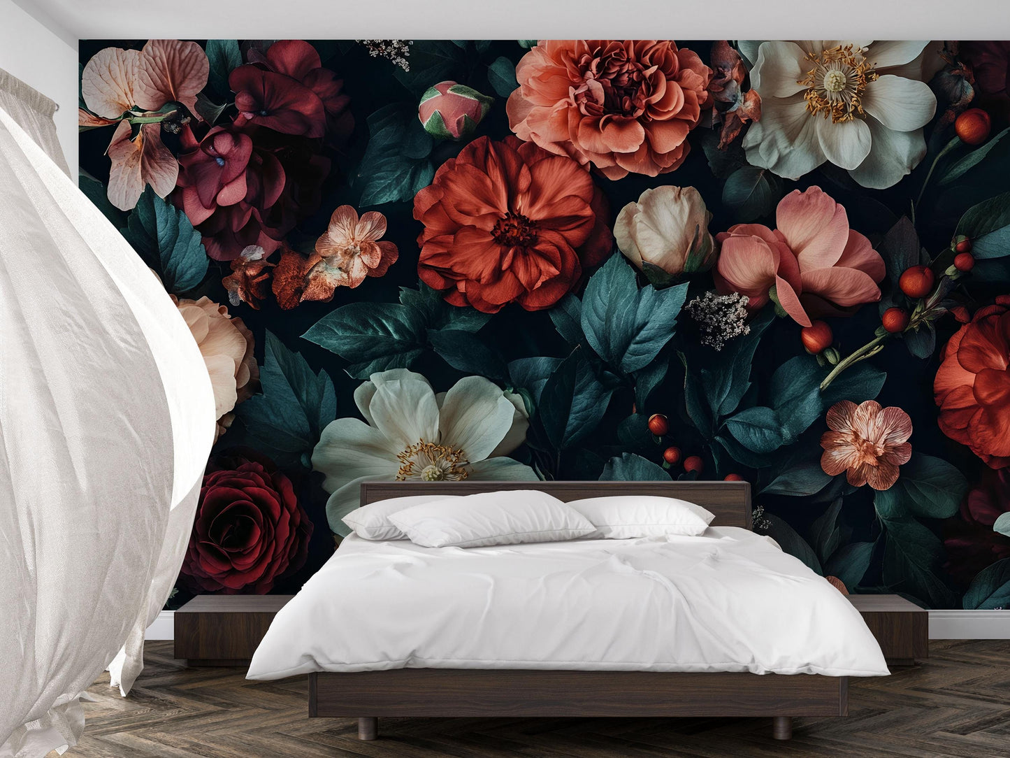 Bold Floral Wall Mural | Dark Botanical Bedroom Wallpaper | Oversized Flower Accent Wall Decor Vn642