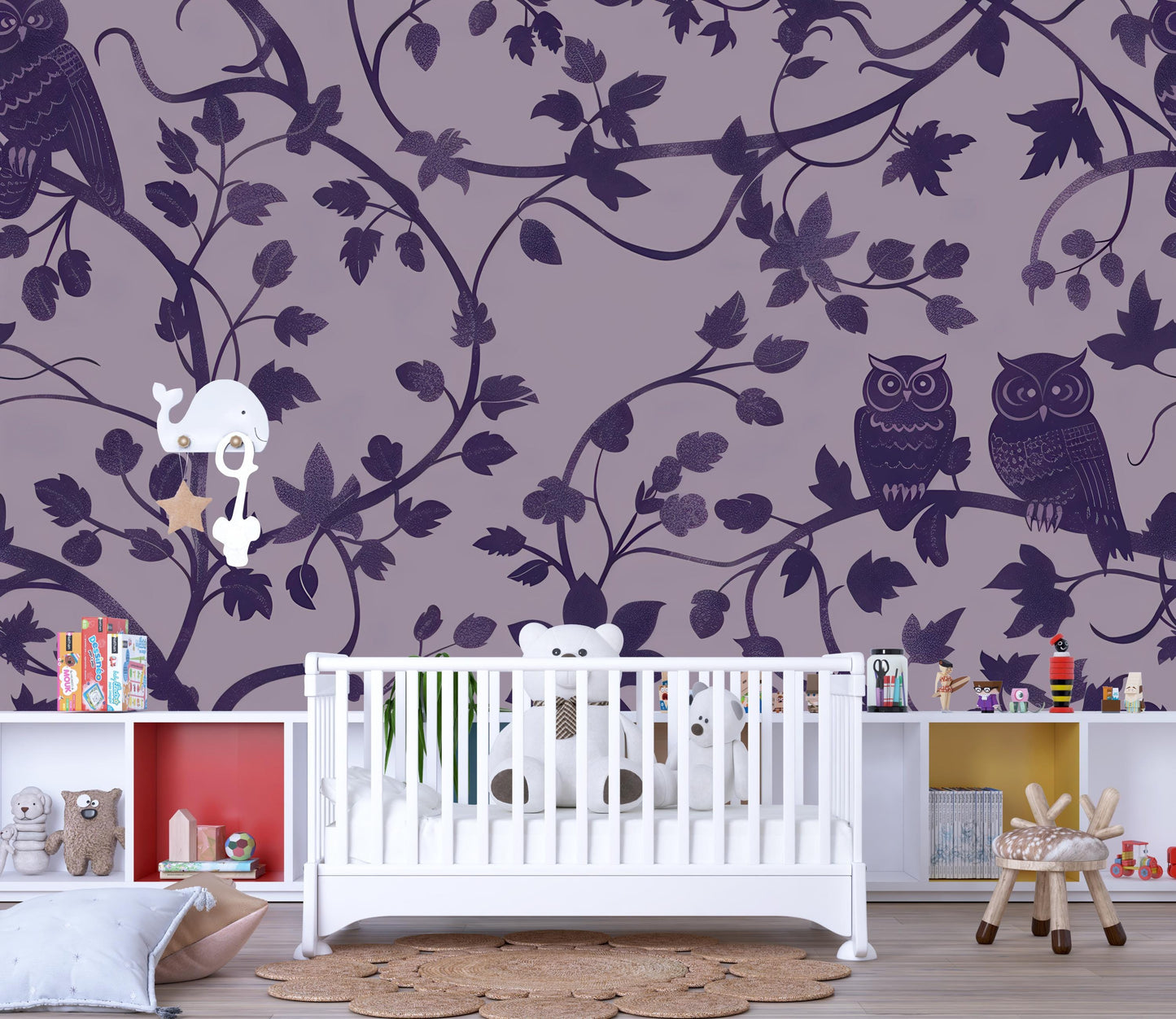 Purple Owl Wallpaper – Whimsical Forest Vine Wall Mural Vn1094
