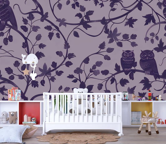 Purple Owl Wallpaper – Whimsical Forest Vine Wall Mural Vn1094