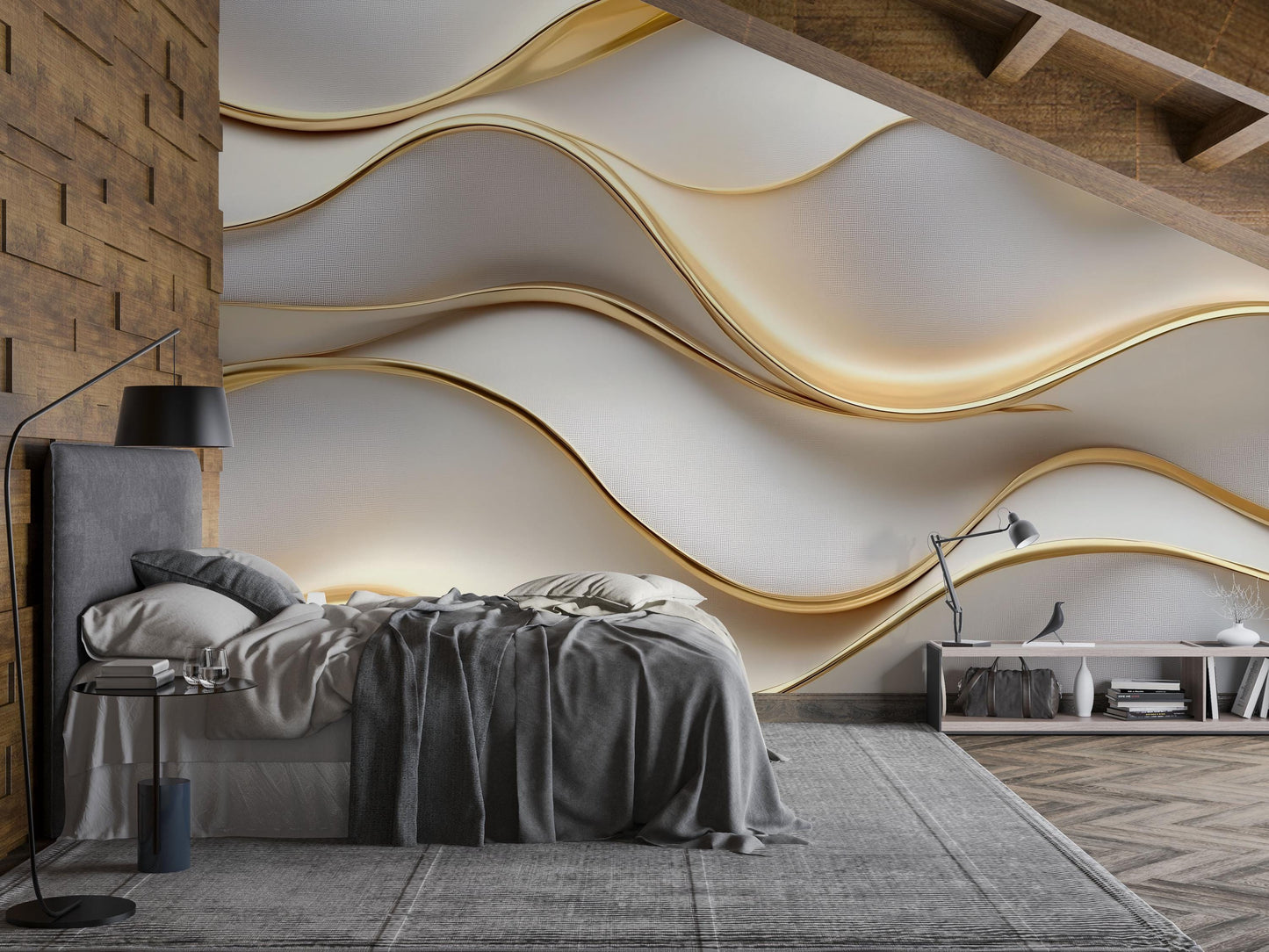 Luxury Gold Wave Wall Mural – Modern 3D Elegant Accent Wallpaper Vn773