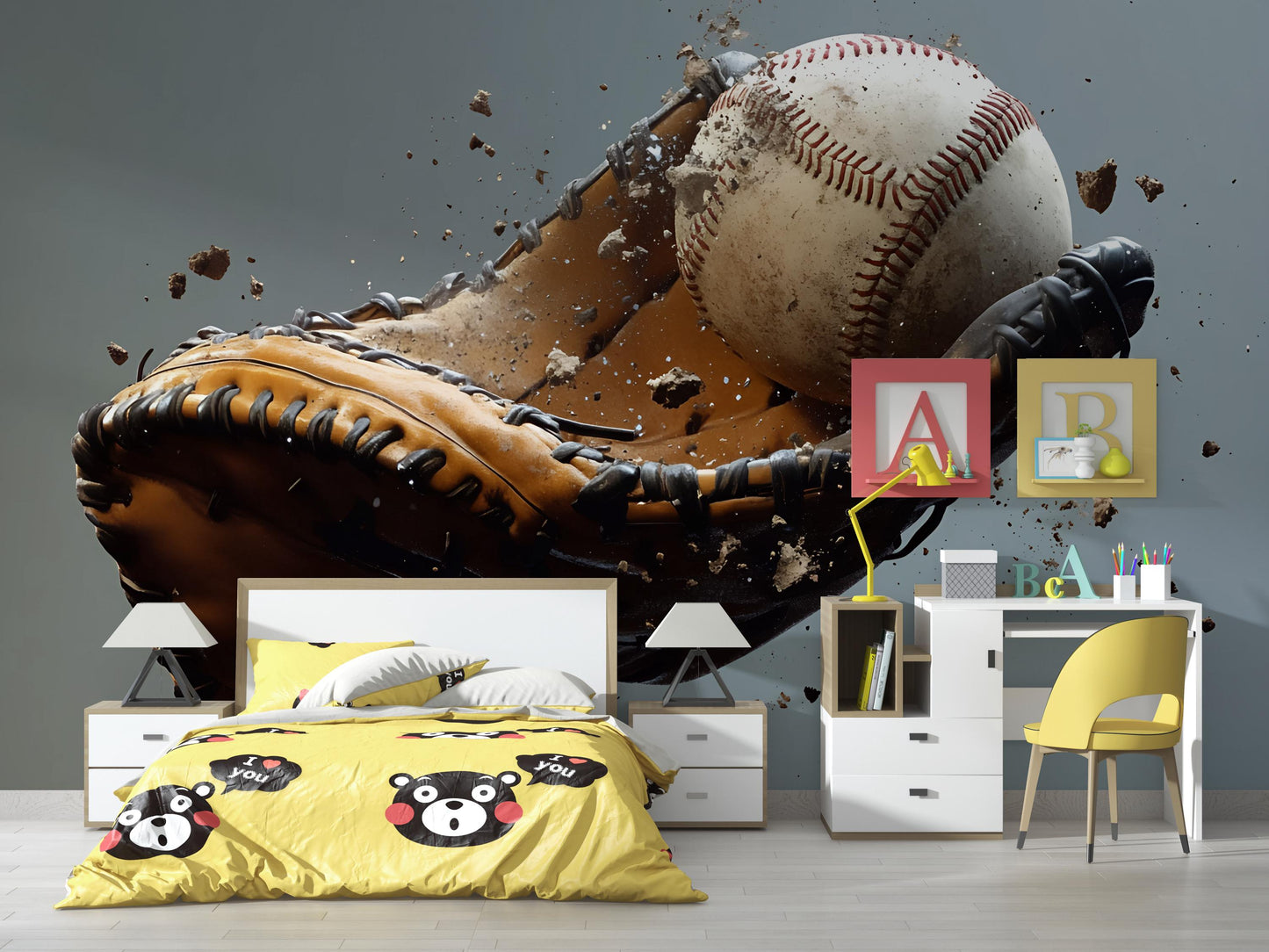 3D Baseball Wall Mural for Kids Room – Sports Theme Wallpaper, Boys Bedroom Decor, Athletic Playroom Art, Glove & Ball Explosion Vn524