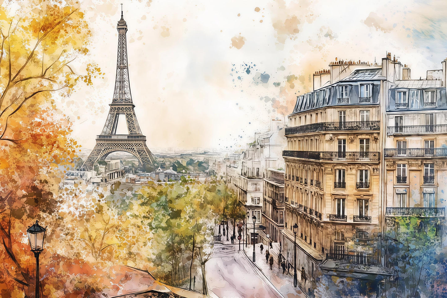 Eiffel Tower Wall Mural – Paris Street Watercolor Wallpaper Vn930