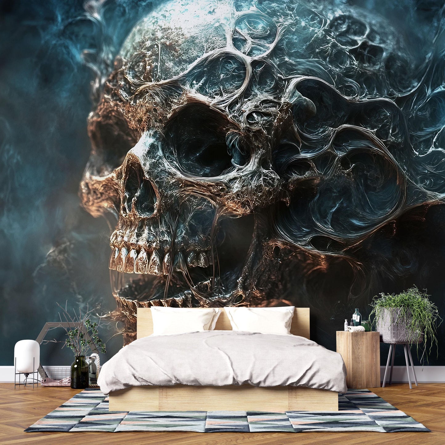 Surreal Skull Wall Mural | Gothic Abstract Art Wallpaper | Dark Fantasy Skull Tapestry | Edgy Bedroom Wall Decor Vn716