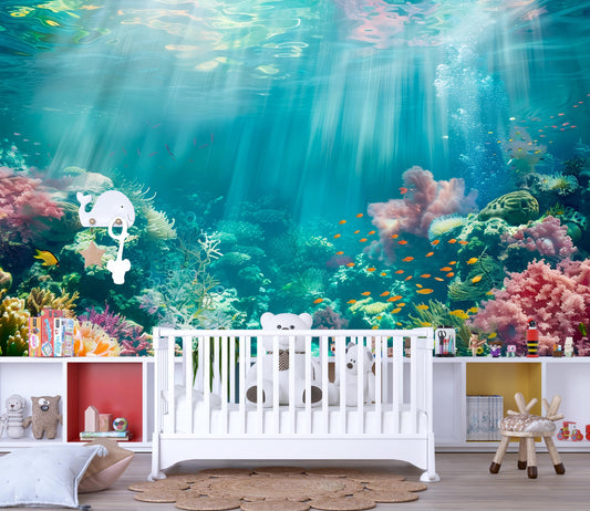 Underwater Coral Reef Wall Mural – Ocean Sea Life Wallpaper, Kids Room Marine Accent Wall Decor with Fish & Coral Vn1066