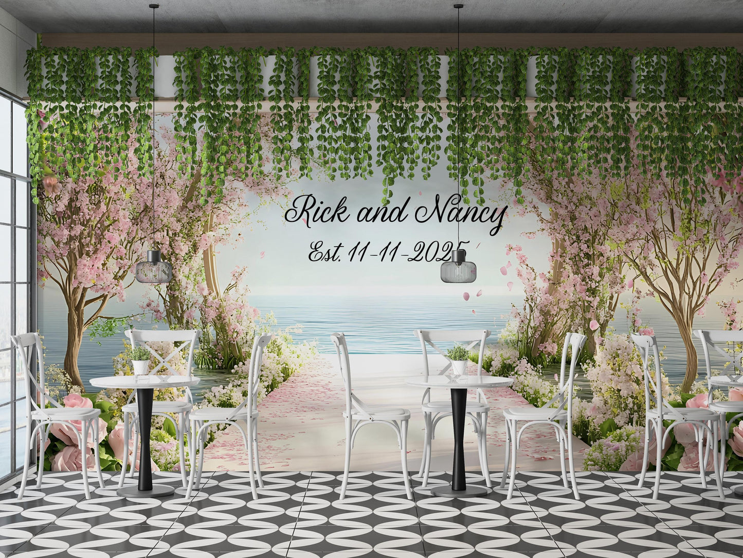 Romantic Wedding Backdrop with Names & Date – Cherry Blossom Arch Decor Vn511