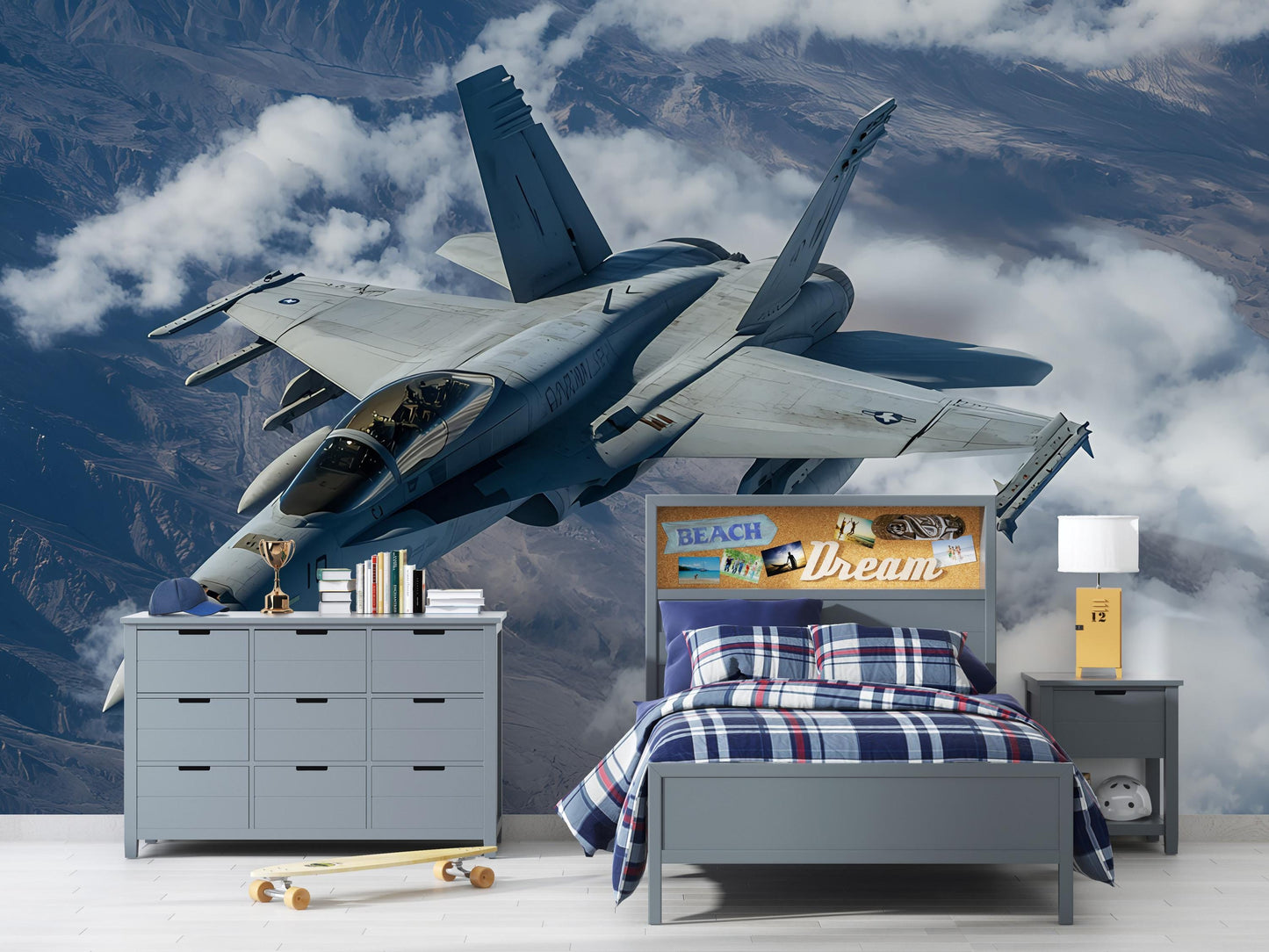 Jet Fighter Wall Mural – Realistic Military Aircraft Wallpaper for Boys Room, Aviation Decor, Pilot Gift, Removable Vinyl Art Vn459