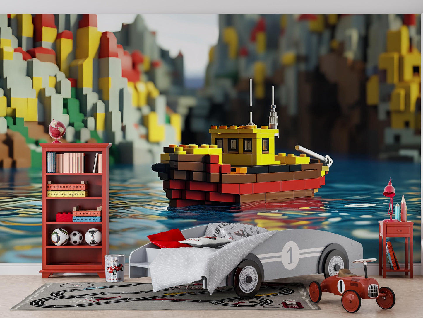 Lego Toy Boat Wall Mural | Kids Room Nautical Decor | Colorful Ocean Theme Wallpaper | 3D Playroom Art | Boys Girls Nursery Print Vn593