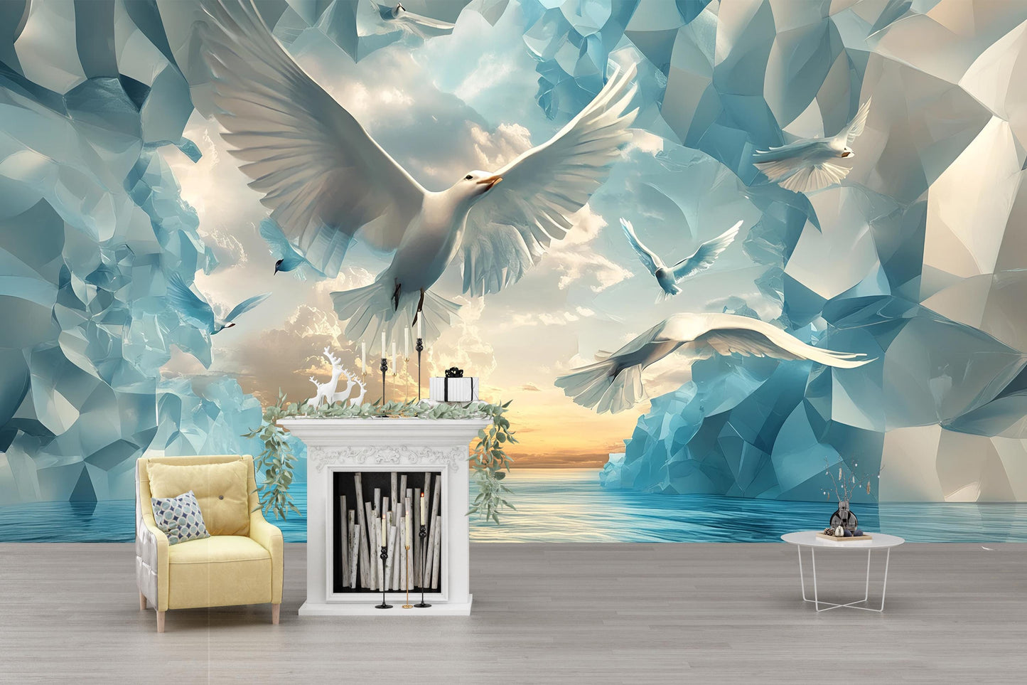 Soaring Birds 3D Wall Mural – Sky & Ocean Scene with White Doves | Modern Nature-Inspired Peel  Stick Wallpaper Vn577