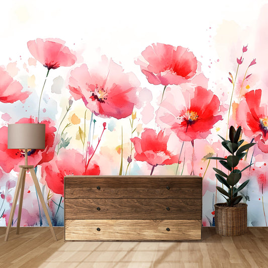 Watercolor Poppy Flower Wall Mural | Large Floral Wall Art | Pink Red Botanical Wall Décor | Removable Wallpaper for Living Room Vn552