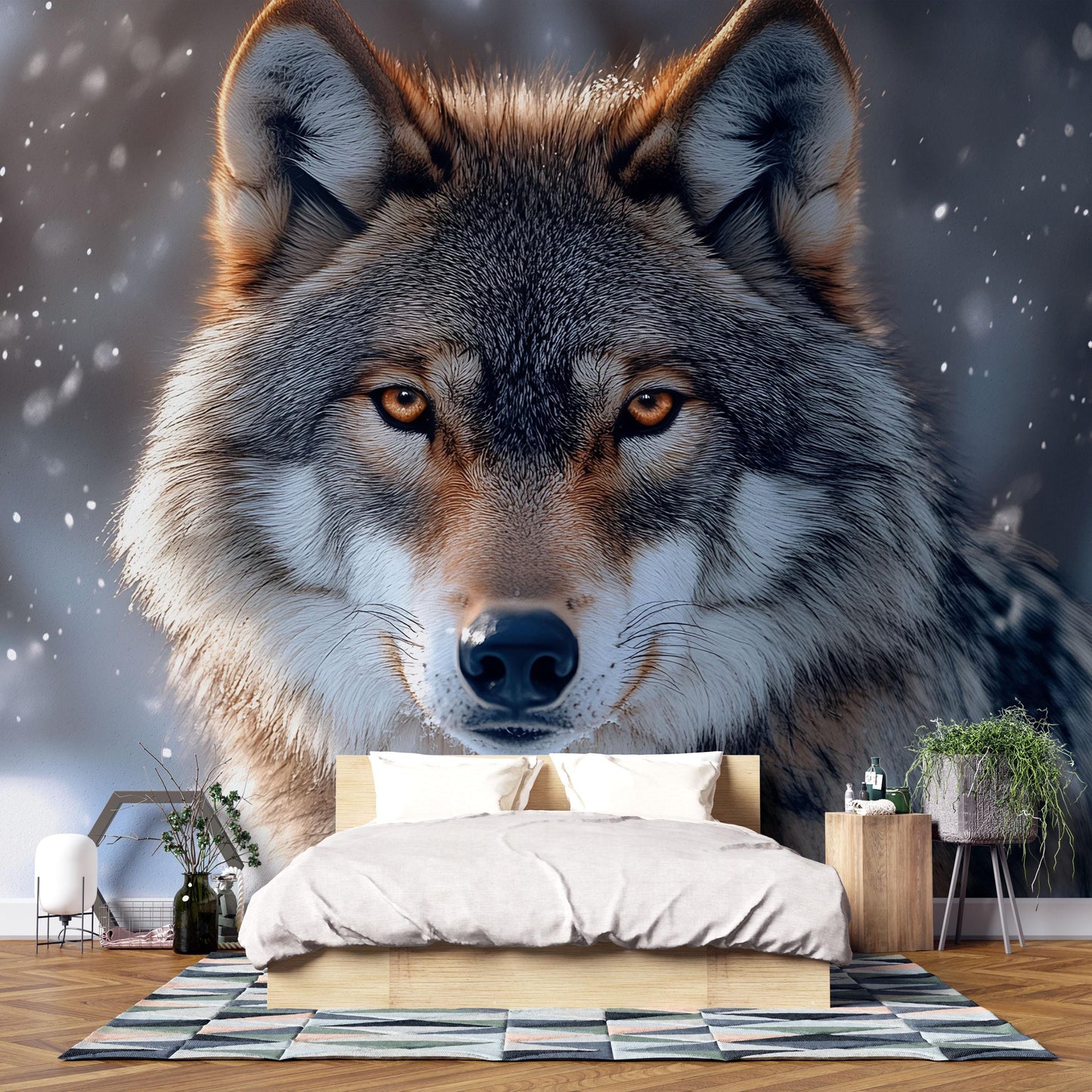 Wolf Wall Mural for Bedroom, Snowy Winter Animal Art, Large Forest Wolf Wallpaper Vn607
