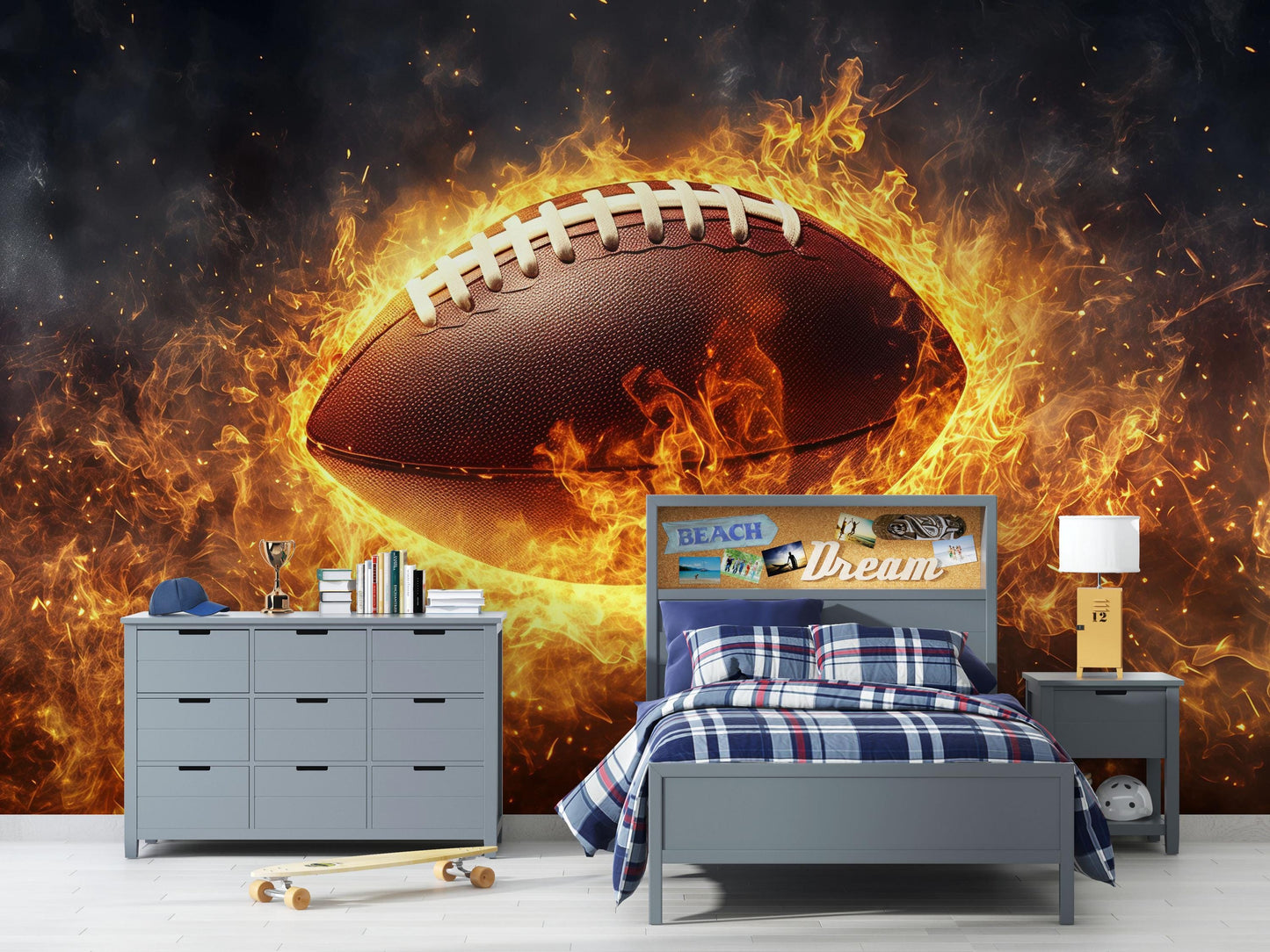 American Football Wall Mural – Flaming Sports Wallpaper for Boys Room & Man Cave Decor Vn879