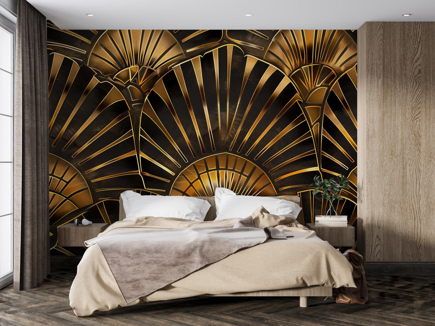 Art Deco Gold Wall Mural – Glam Geometric Fan Wallpaper in Black & Gold Luxury Style Vn1090