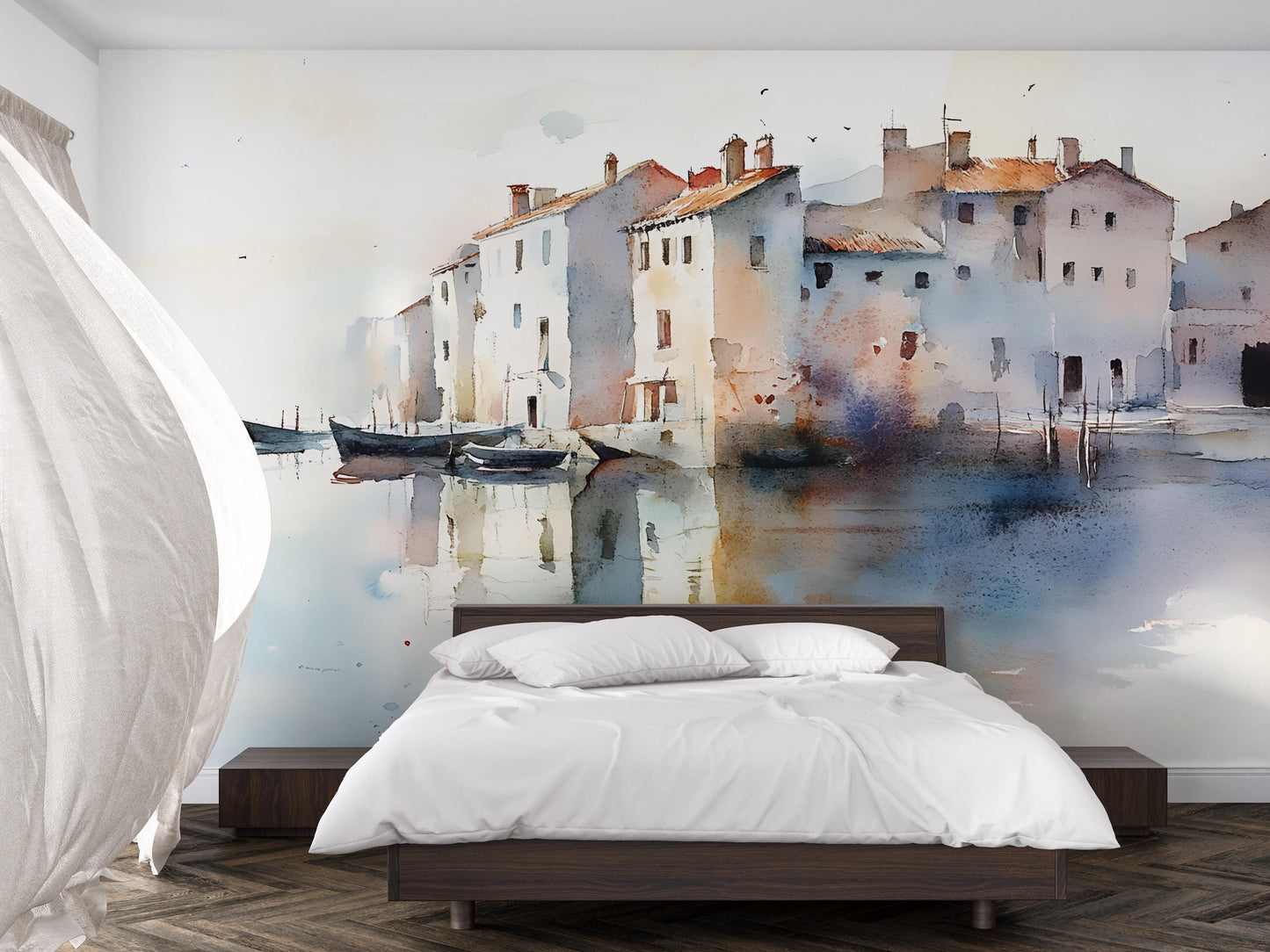 Watercolor Coastal Wall Mural | Venice-Inspired Wall Art | Removable Bedroom Wallpaper | Mediterranean Art Décor Vn548