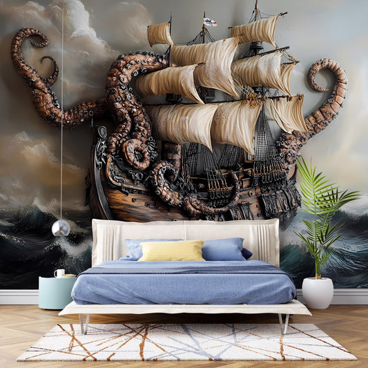 Kraken Ship Wall Mural | Nautical Pirate Bedroom Decor | Giant Octopus Sea Battle Art Print Vn073