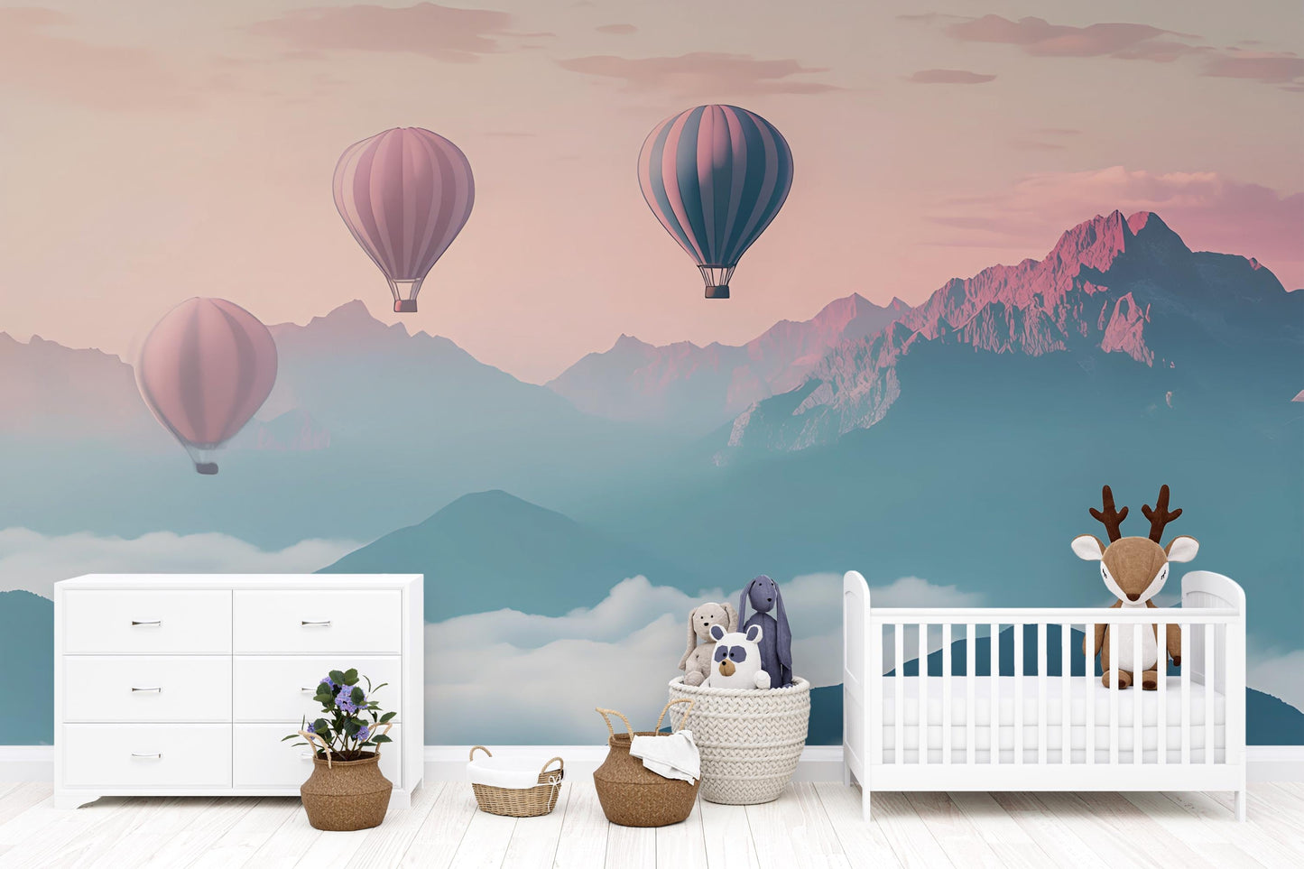 Hot Air Balloon Wall Mural for Kids Room | Pastel Mountain Nursery Wallpaper Vn380