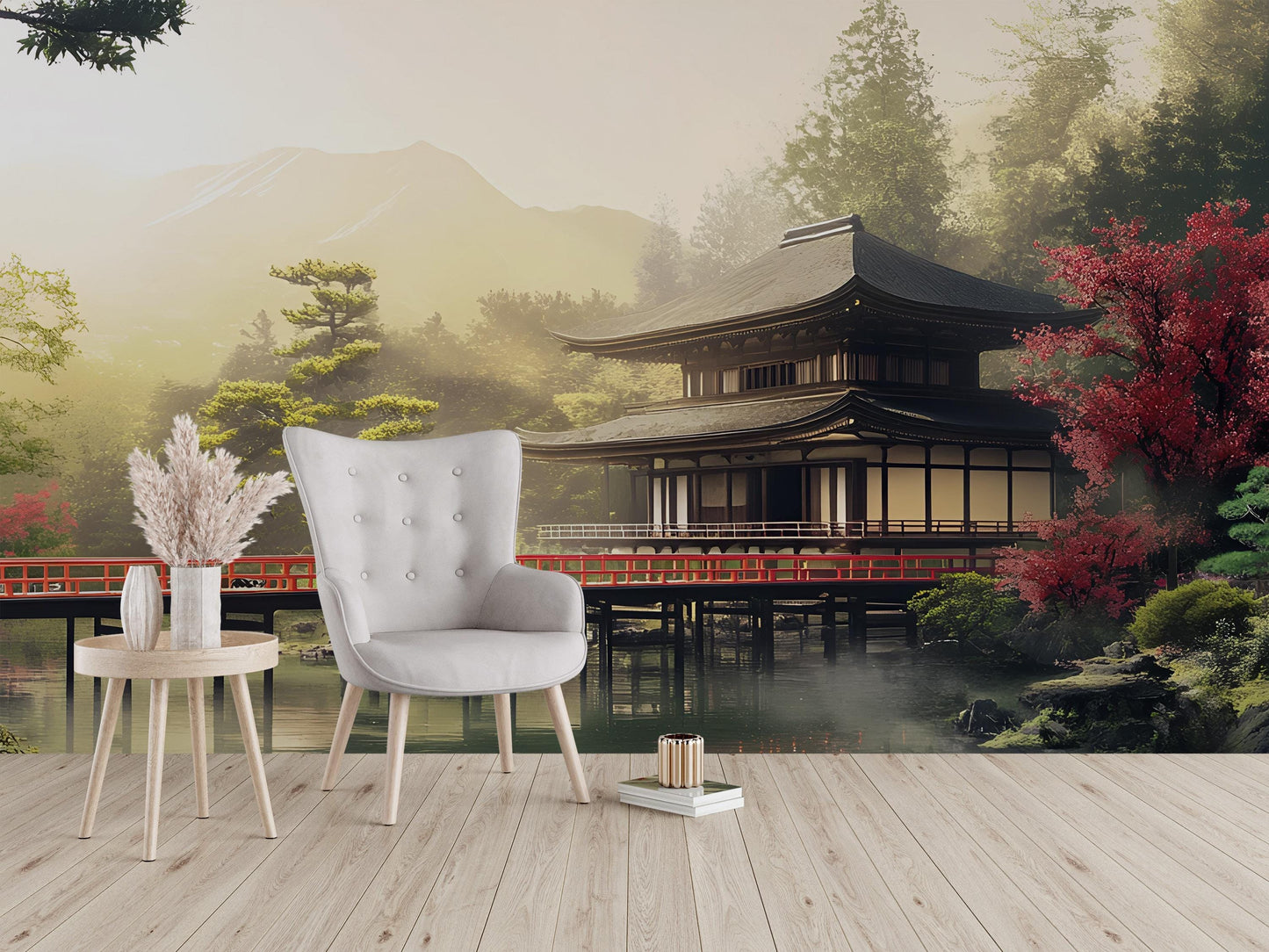 Japanese Temple Wall Mural – Tranquil Zen Garden Wallpaper for Living Room or Office Decor Vn498