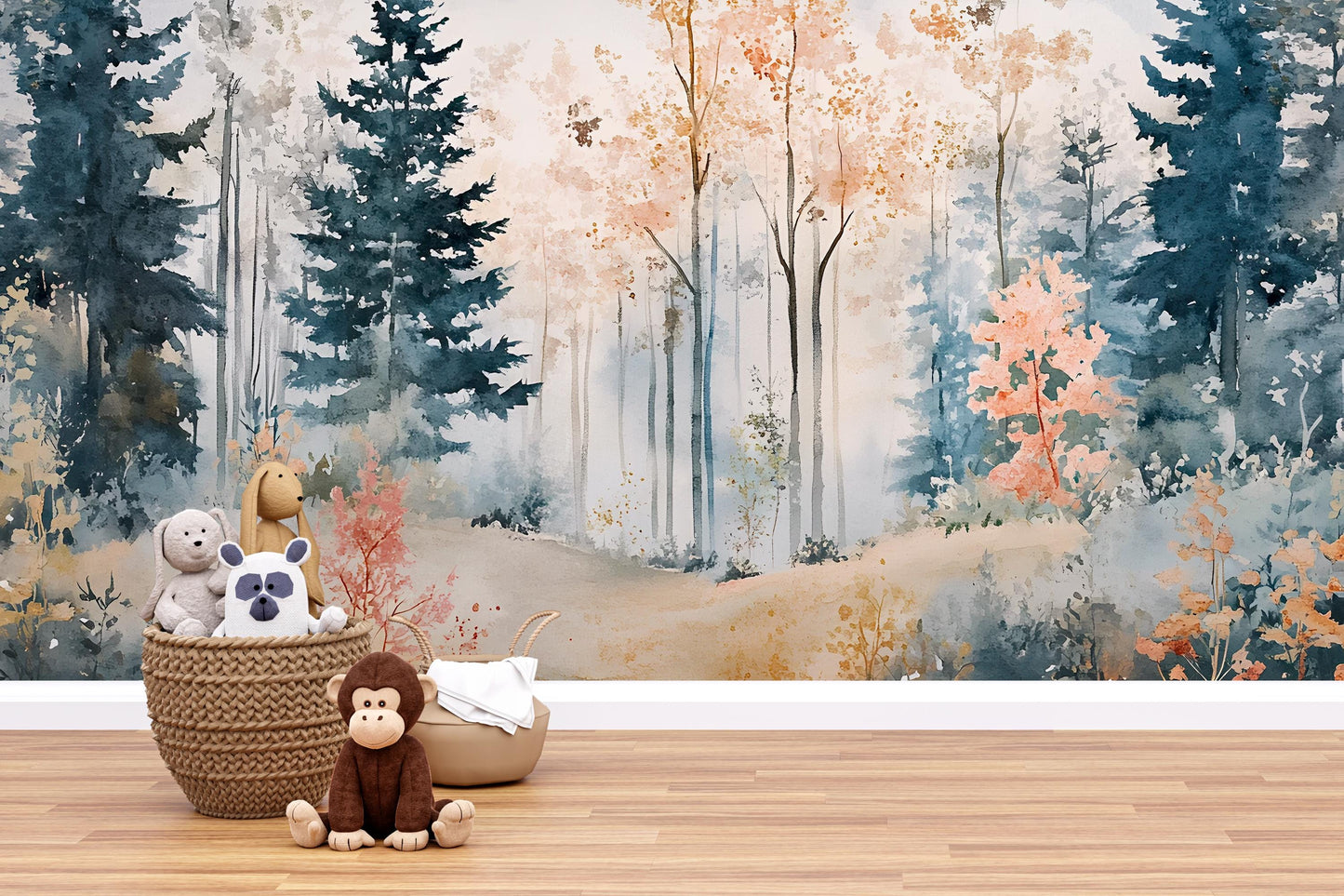 Whimsical Forest Wall Mural for Kids Room – Soft Watercolor Woodland Wallpaper with Trees Vn562