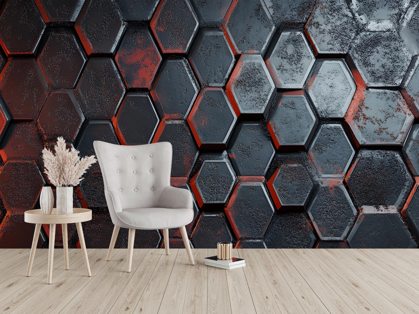 Modern 3D Hexagon Wall Mural | Industrial Geometric Wallpaper | Black & Red Textured Art Vn589