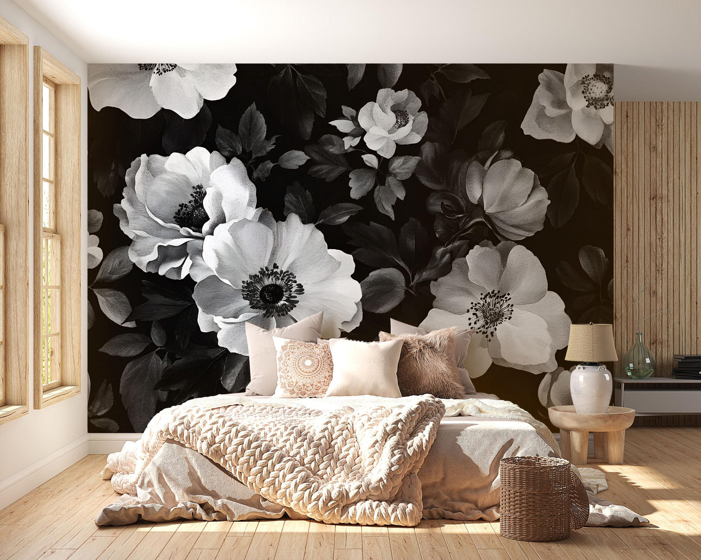 Black and White Floral Wall Mural, Oversized Peony Wallpaper for Bedroom Vn641