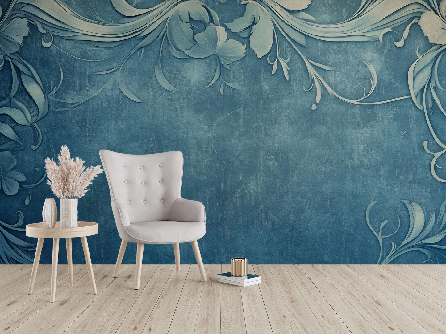 Teal Floral Scroll Wall Mural – Elegant Botanical Pattern Wallpaper for Living Room or Office Vn771