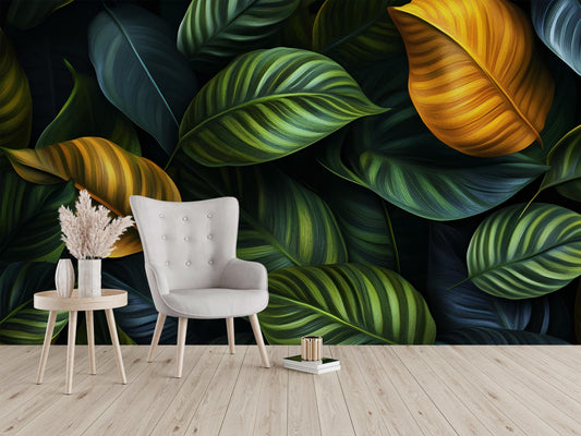 Tropical Leaf Wallpaper Mural – Jungle Botanical Wall Art, Large Green Yellow Leaves Removable Wallpaper, Modern Nature Vn207