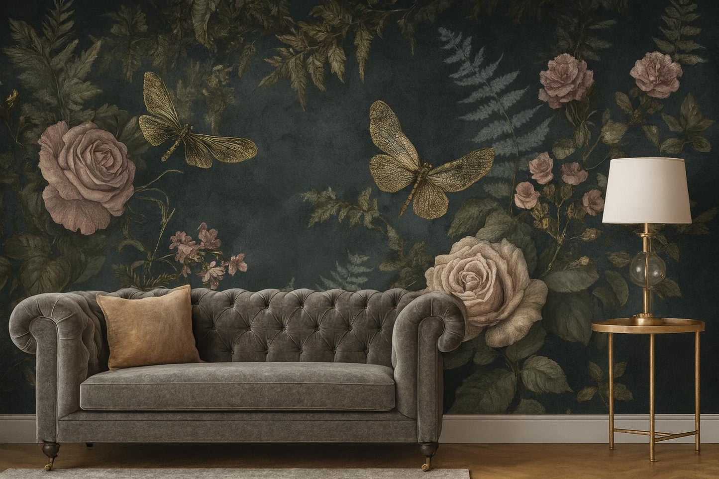 Dark Botanical Wall Art – Vintage Dragonflies & Roses Print Vn955